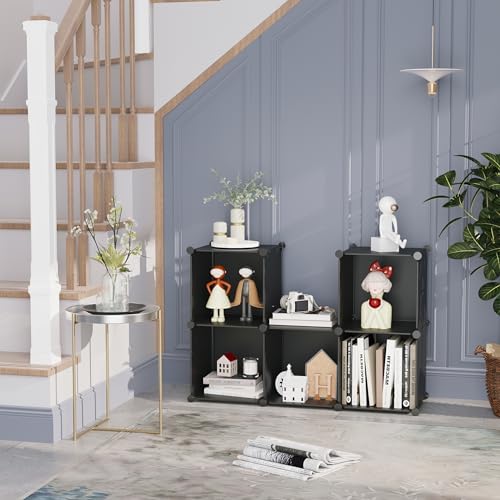 C&AHOME 6-Cube Storage Organizer, Stackable Storage Cubes Shelves, Portable Bookshelf, Plastic Clothing Storage Closet Organizer, DIY Modular Shelving Units for Wardrobe, Home, Black