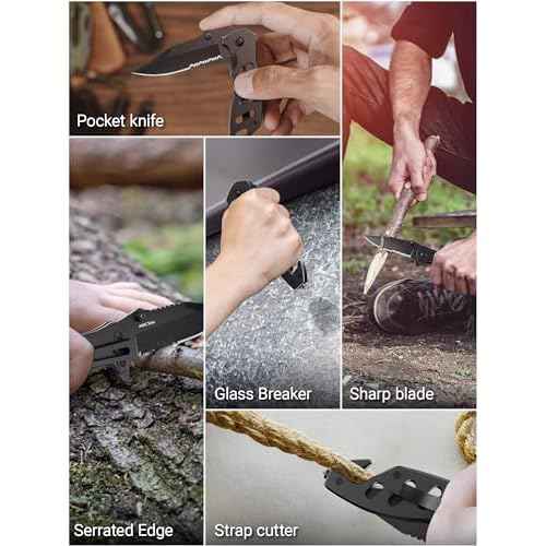 Tactical Legal Knife for Men Women - 2.68 inch Serrated Blade - Small Black Pocket Knives with Glass Breaker Seatbelt Cutter - Cool Folding Tool for Camping Work EDC - Mens Birthday Gift Ideas 6655 B