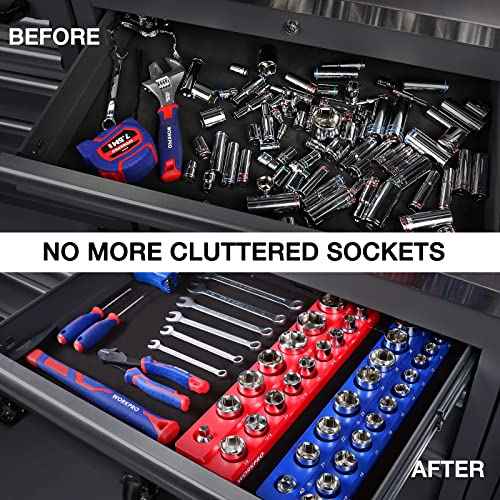 WORKPRO 1/2-inch Magnetic Socket Organizer Set, 2-Piece SAE & Metric Magnetic Socket Holders, Holds 35 Standard Sockets for Tool Box, Tool Carts (Sockets Not Included)