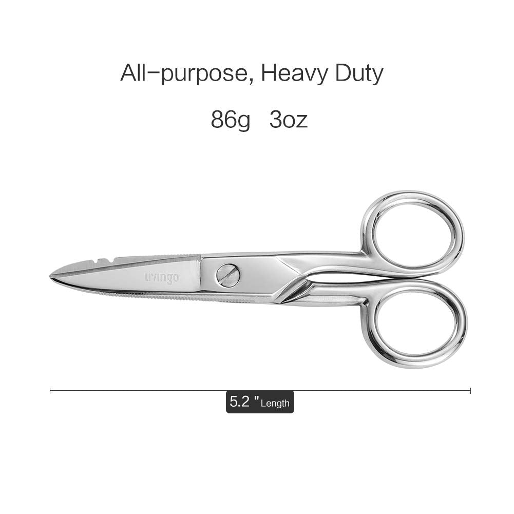 LIVINGO 5-1/5 Inch Heavy Duty Electrician Scissors, Professional Forged Stainless Steel Electrical Shears with Notches for Industrial Stripping, Cutting Telecom Cable, Wire
