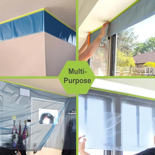 Pre-Taped Masking Film for Painting ? 44" x 66' Plastic Sheeting with Automotive Paint Tape, Easy Tear, No Residue ? Painter¡¯s Tape and Drape for Car, Wall, Window & Furniture Protection