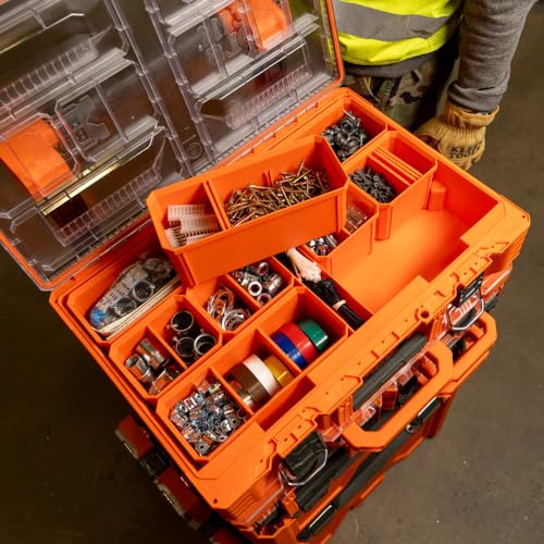 Klein Tools 54806MB MODbox Tall Compartment Box, Full-Width Tool Organizer, Small Parts Tool Box with 20 Compartments, 8 Removable Bins for Fasteners, Stackable Module