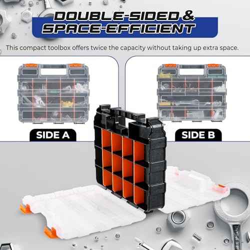 NATGAI 2 Pack Small Parts Organizers, 34-Compartments Double-Sided Tool Box with Removable Dividers for Hardware, Screws, Bolts, Nails & Fishing Accessories, Durable Plastic Storage Case (Orange)