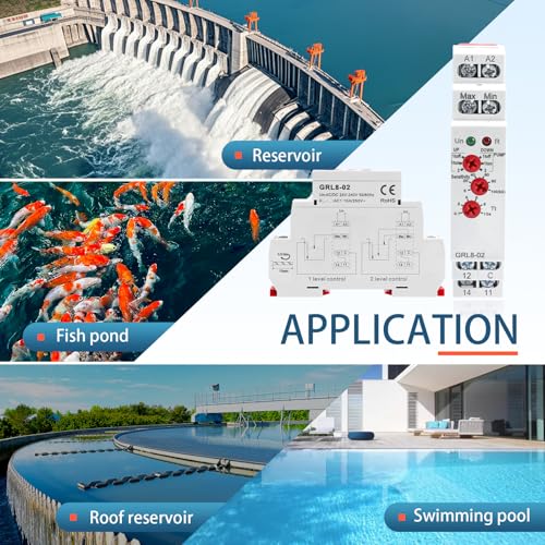 10A Liquid Level Control Relay GRL8-02 AC/DC 24V-240V Water Level Sensor Control Relay with 0.1S-10S Adjustable Time, Automatic UP and Down Liquid Level Controller with 5ft Detector Sensor