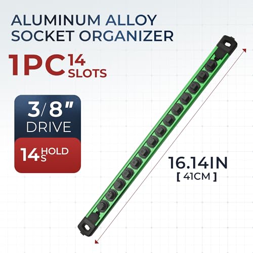 Reniteco Magnetic Socket Organizer 3/8” Aluminum Rail with 14 Clips, Green (Variation)