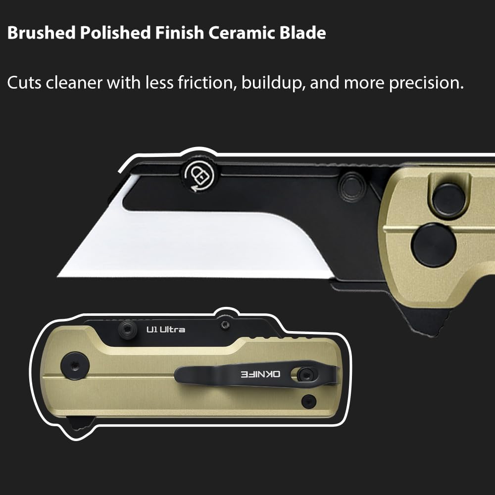 OKNIFE U1 Ultra Pocket Folding Utility Knife with Ceramic Blade, Lightweight O-Aluminum Handle Box Cutter with Clip, Button Lock Pocket Knife for Men Women (Olive Green)