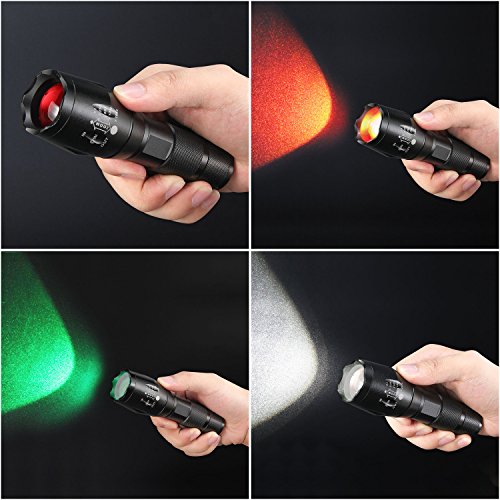 ULTRAFIRE 2 Pack A100 LED Hunting Flashlight,800 Lumen 3-Color-Light Tactical Flashlight 5 Modes Zoomable Small LED Hand held Flashlights (White Light/RED Light/Green Light)