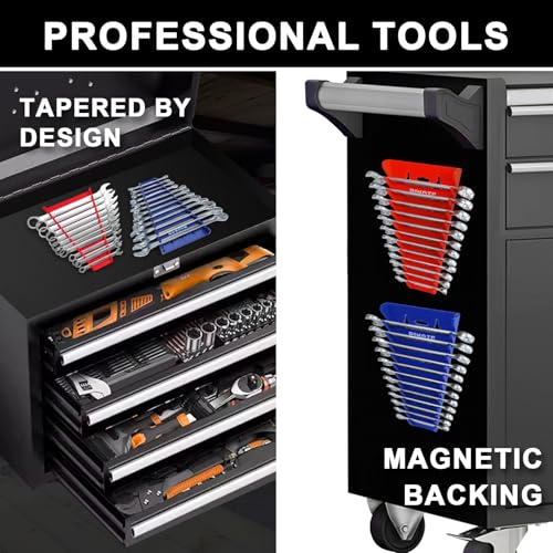 PINOZE 4-Piece Magnetic Wrench Organizer - 48-Slot Magnetic Wrench Rack (SAE 1/4"–1-1/16" & Metric 6–24mm) Red/Blue