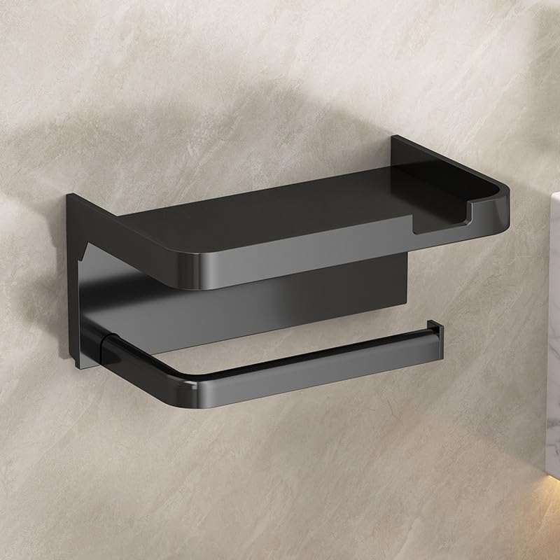 Toilet Paper Holder with Shelf, Fits Mega Rolls, Self Adhesive Wall Mount Toilet Paper Roll Holder, Ideal for Bathroom, Washroom, Kitchen, RV(Matte, Black