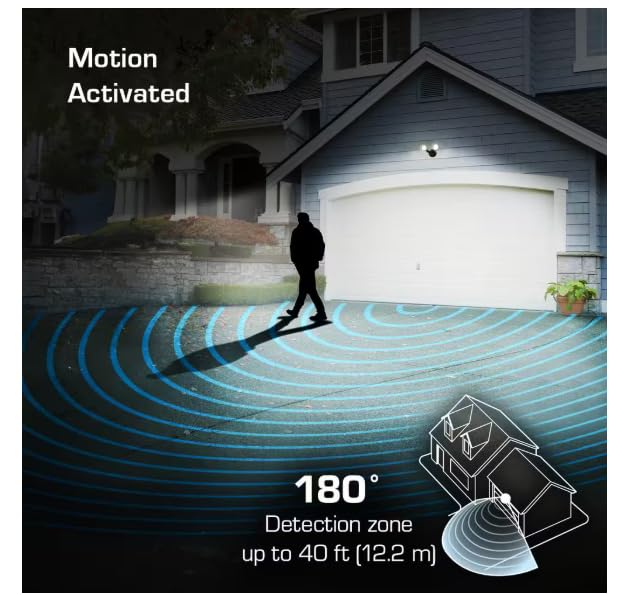 LED Security Light, 2-Head Flood Light, 1000 Lumens, 180° Motion Sensor, 40ft Range, Black