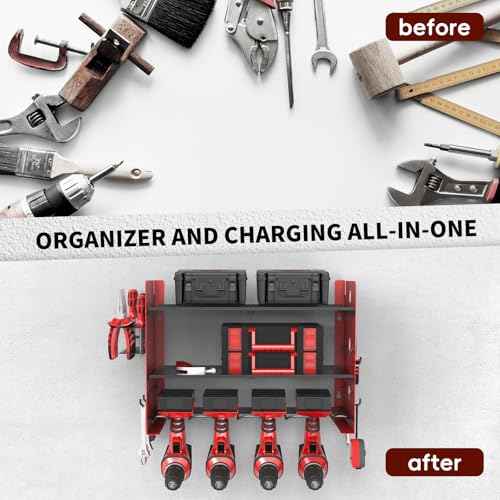 NWH Power Tool Organizer Wall Mount,Tool Organizer with 5 Drill Racks in Garage, 3 Levels of Storage Space, Heavy Duty Metal Power Tool Storage Rack Tool Shelf for Garage Organization