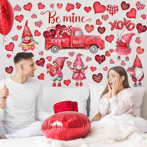 6 Sheets 54 Pieces Valentine¡®s Day Wall Decals Removable Decals Gnome Wall Stickers Love Heart Pattern Cupid Decal Valentine¡®s Day Decoration for Living Room Anniversary Party Home Decor