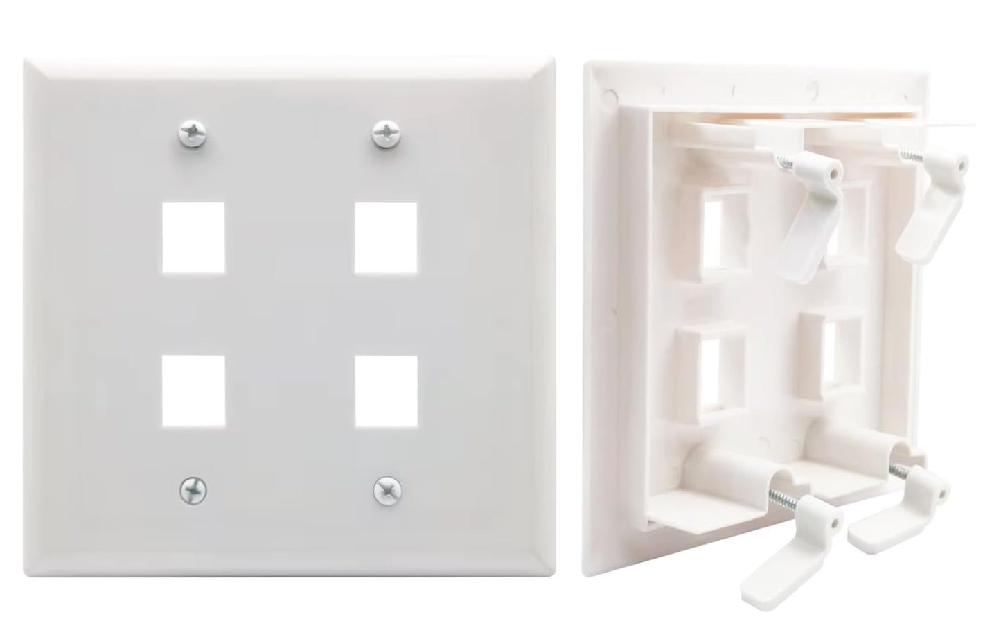 Keystone Wall Plate, Built-In Mounting Bracket, 2 Gang, Supports Jack or Modular Inserts, In Wall Patch Panel - White (4 Port)
