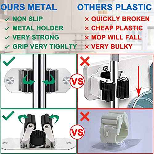 Mop and Broom Holder Wall Mount Heavy Duty Stainless Steel Wall Mounted Broom Organizer Laundry Room Home Garden Garage Storage and Organization Rack (Silver)