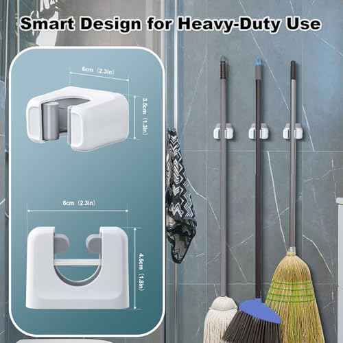 funest 6 Pack Mop and Broom Holder Wall Mount, No Drill Needed Self Adhesive, Non-Slip Mop Grippers for Tile Walls - Kitchen, Bathroom, Garage£¨White£©