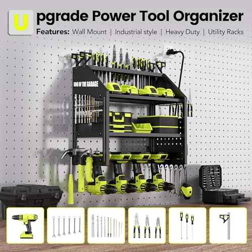 Power Tool Organizer Wall Mount with Charging Station ? King of the Garage, 4 Drill Holders, Heavy Duty Cordless Tool Rack with 4-Outlet Power Strip, Gifts for Him, Birthday Gifts for Men