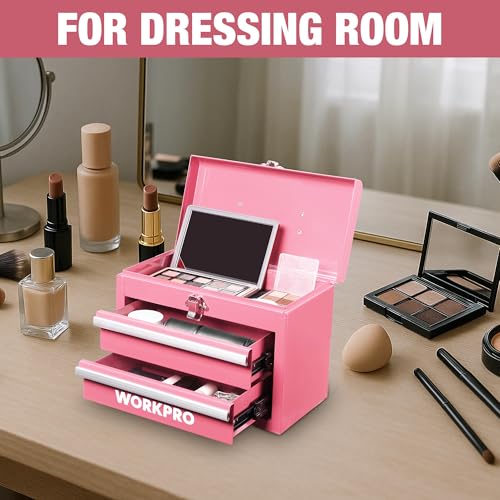 WORKPRO Portable Mini Tool Box 2-Drawer Chest with Top Storage, Pink