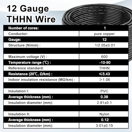 MOOKEERF 12 Gauge 25FT Solid Copper THHN Electrical Wire - Black, 600V