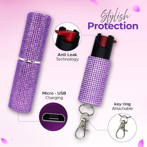 FURY Gem Stone Pepper Spray Lipstick Stun Gun Combo - Stylish Multi-Color, 12ft Range, UV Dye Identifier, Flashlight, Rechargeable, Self-Defense Kit, Personal Safety, Rhinestone casing