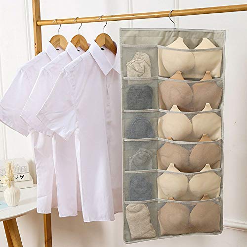 Newraturner Closet Hanging Organizer with Mesh Pockets & Rotating Metal Hanger,Dual Sided Wall Shelf Wardrobe Storage Bags,Oxford Cloth Space Saver Bag for Bra Underwear Underpants Socks (white)