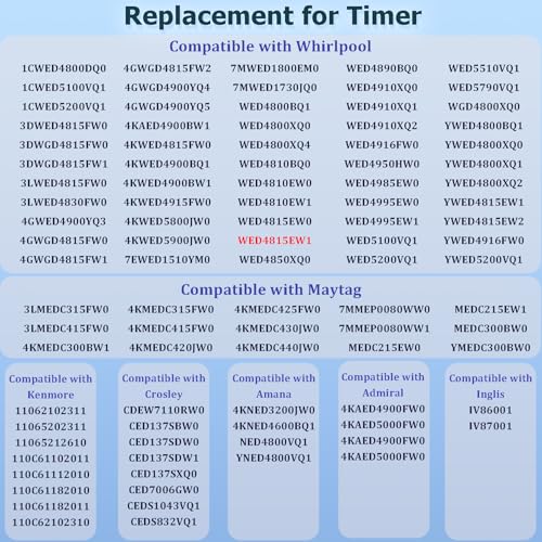 W10185982 WED4815EW1 W10185 982 Dryer Timer(OEM) Compatible with Whirlpool WED4800XQ0, WGD4800XQ0 etc,W10185 982 Dryer Timer Replacement for 418-618-20-b5 WPW10185982. 230VAC 60Hz, 3-Year Warranty