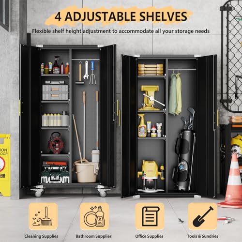 Pozdeg 71" Rolling Lockable Metal Broom Closet Cabinet, Black Gray, 15.7"D x 31.5"W x 71"H
