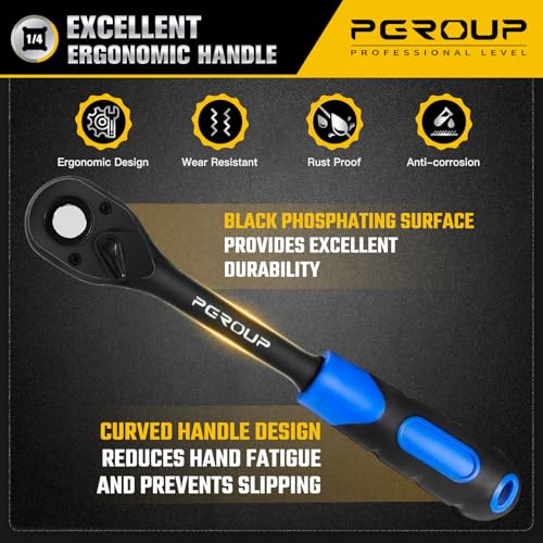 1/4" Drive 90 Tooth Ratchet Wrench, Quick Release Ratchet Wrench with Ergonomic Rubber Handle, 4-Degree Swing Reversible Ratchet, Chrome Alloy Made