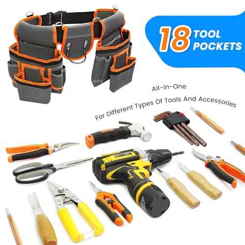 Tool Belt, Professional Tool Belts for Men, Magnetic Tool Pouch With Suspenders, Heavy Duty Detachable Adjustable Utility Belt Work Bags for Electrician, Carpenter (Gray and Orange, 32''-66'')