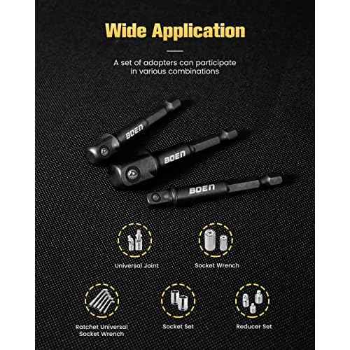 BOEN Impact Grade Socket Adapter Set, 3-PCS Drill Bit Adapter with Bit Holder, Sizes 1/4", 3/8", 1/2", 1/4-Inch SAE Hex Shank, Cr-V with Black Phosphate Finish
