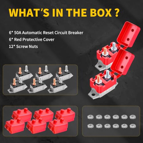 Bolipoeq 50A Automatic Reset Circuit Breaker 12V-24V DC with Red Cover for Automotive Marine Boat RV (Pack of 6)
