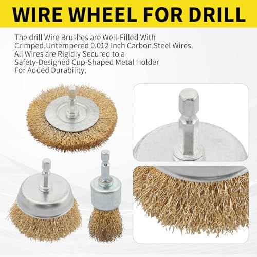 5 Pcs Wire Brush for Drill Set, Brass Wire Wheel for Drill, 1/4 Inch Hex Shank, Wire Brushes for Cleaning Rust for Drill
