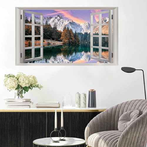 Fake Window Wall Stickers 3D Landscape Wall Sticker Decor Vinyl Mountain Lake Forest Wall Sticker Decals Peel and Stick Nature Scenery Faux Window Wallpaper for Living Room Bedroom Home Kitchen Decor