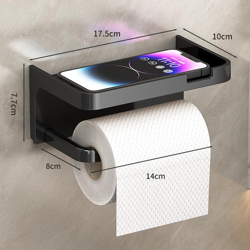 Toilet Paper Holder with Shelf, Fits Mega Rolls, Self Adhesive Wall Mount Toilet Paper Roll Holder, Ideal for Bathroom, Washroom, Kitchen, RV(Matte, Black