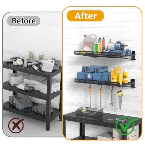 BABKAS 2 Pack Garage Wall Shelving, Metal Garage Wall Shelf with 4 Hooks, Heavy Duty Wall Shelves Mounted for Garage Storage, Laundry Room, Closet and Kitchen | Holds Up to 80 Lbs | 16.5" x 12.2"