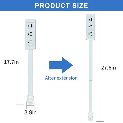 Electrical Outlet Extender with Extendable Stick, Access Hard-to-Reach Outlets! Features USB-A, USB-C, and 2 AC Outlets, 180° Rotating Power Socket Extender - Use Behind Couches, Nightstands, Desks