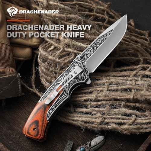 Pocket Knife for Men, 8.7" Folding Knife, 440 Stainless Steel Blade, 0.19lb, Wood Handle with 3D Retro Embossed Pattern, EDC Folding Knife for Work, Camping, Christmas Gifts