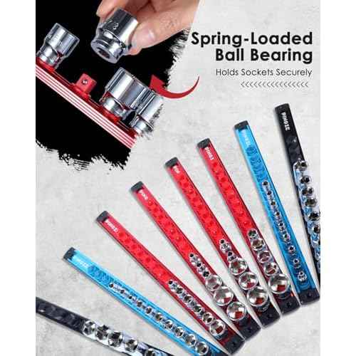 3/8" Magnetic Socket Holder Organizer - Aluminum Alloy Socket Rail Tray for Tool Box Drawer, Socket Rack with Extra 2Pcs Replacement Clips for Automotive Garage(Red)