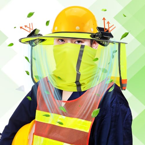 1 Set Sun Hard Hat Shade Full Brim Hard Hat Sun Visor with Solar Fans and Neck Sunshade Cover High Visibility Full Brim Mesh with Reflective Strip, Summer Protection Accessories(Fluorescent Yellow)