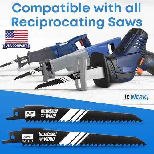 E?Werk - Reciprocating Saw Blades for Wood - 5 Pieces - High Carbon Steel (HCS) Sabre Sawblades for Wood & Plastic Cutting - Superior Strength, Wear Resistance & Durability - 6 TPI (Teeth per Inch)