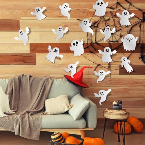 24pcs 3D Ghost Stickers - Reusable Cute Halloween Decor - Self-Adhesive White Ghost Wall Stickers for Gothic Window, Door, Wall, Room, Closet