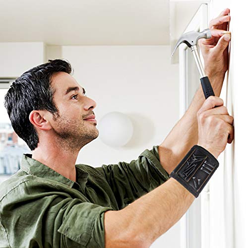 LATME Magnetic Wristband with 15 Strong Magnets for Holding Screws Nails Drill Bits-Best Armband Tool for DIY Handyman Unique Gift for Men (Black)