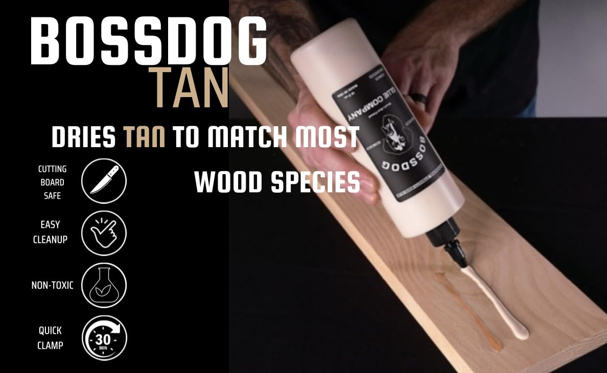 BOSSDOG Wood Glue, Professional Strength, Fast Drying, Cutting Board Safe, Natural tan Color. DIY, Beginner Carpentry, Woodworking, Furniture Repair, 16oz. Large Bottle. Made by a Maker, for Makers