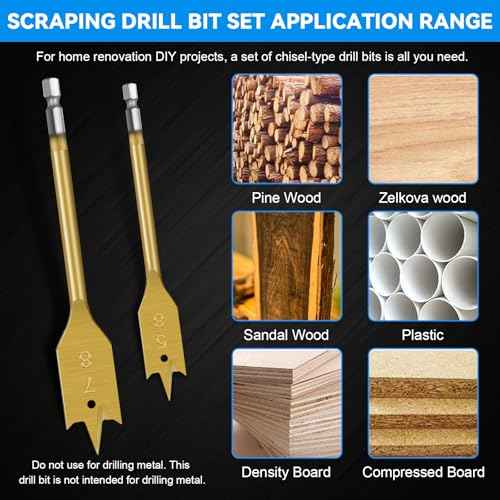 Spade Drill Bit Set - 6-Piece Titanium Coated Paddle Bits (3/8" to 1") for Wood, PVC & Fiberglass, Hex Shank Fits All Drills, Burr-Free Holes