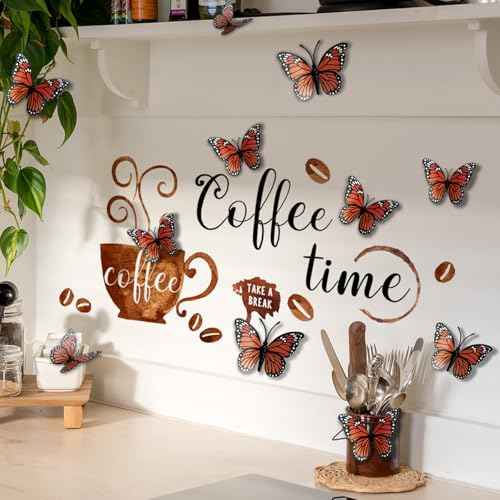 3D Butterfly Coffee Bar Wall Stickers Decor Dining Room Decor Wall Decals Peel and Stick Removable DIY Coffee Station Wall Art Decorations for Kitchen Bedroom Living Room Office