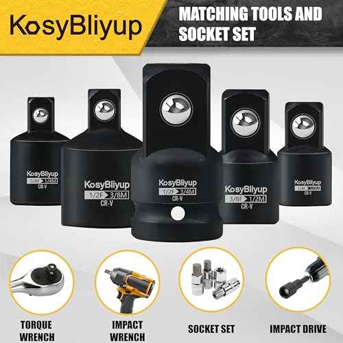 5 Piece Impact Socket Adapter Set,Standard SAE,1/4" 3/8" 1/2"Square Adapter and Reducer Conversion Set For Impact Driver Conversions,CR-V Steel