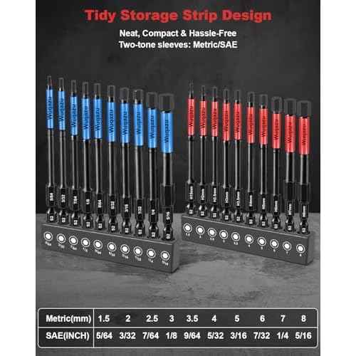 20PCS 4" Hex Bit Set (Metric & SAE), High-Torque Impact Allen Bits, Premium S2 Steel 1/4" Hex-Shank, Magnetic CNC Tips for Impact Drivers & Drills