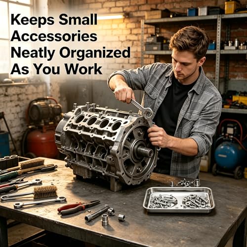 Okllen 6-Piece Magnetic Parts Tray Set - Stainless Steel, Heavy-Duty 9.5" x 5.5" & 4.25" Round