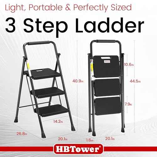 HBTower Step Ladder, Folding Step Stool with Wide Anti-Slip Pedal, Sturdy Steel Ladder, Convenient Handrail, Lightweight, Portable Steel Step Stool