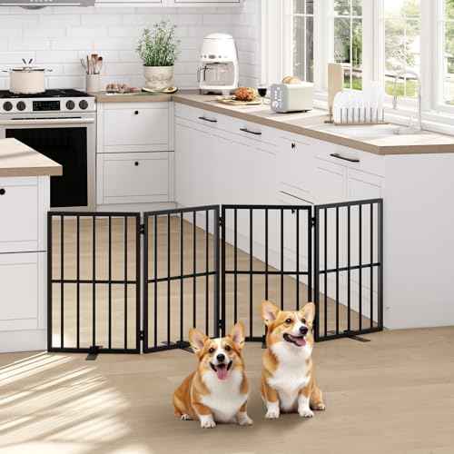 Dog Gate Indoor, Freestanding Foldable Pet Gate for The House, Doorway, Stairs, 64.6" W x 23.6" H Metal Step Over Fence with Support Feet, 4-Panel Pet Puppy Safety Fence, Black DGBK6101