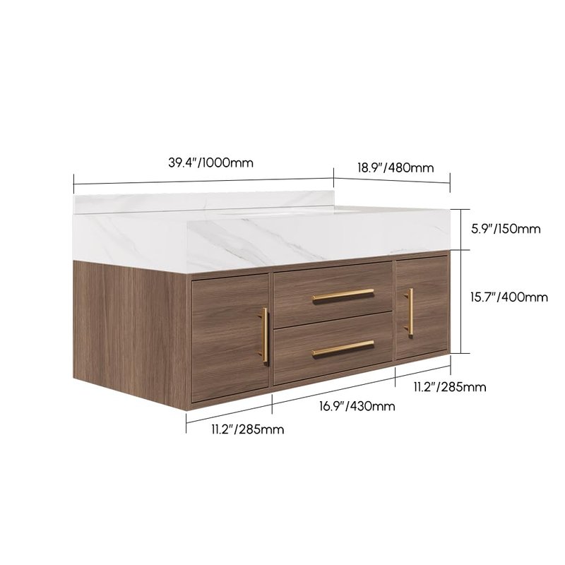 Weibath Floating Bathroom Vanity with Sink, 39.5 Inch Modern Bathroom Vanity Cabinet with Sintered Stone Top, Ceramic Undermount Sink, 2 Drawers, Walnut (Wall Mounted, Gold Handle)